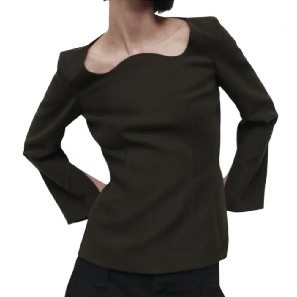 ZARA Tailored Top Dark Olive Green Zip Back Long Sleeve Shaped Neckline Size S